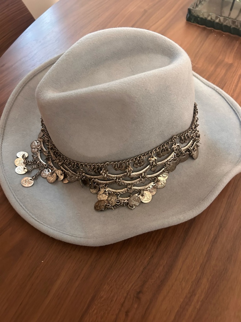 Free People Light Gray Felt hat with Layered Coin Chain